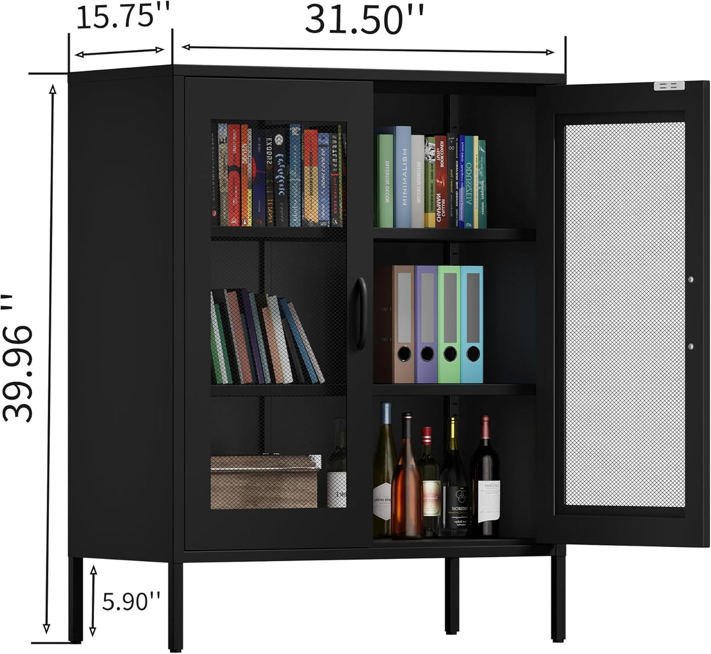 Metal Storage Cabinet with Mesh Doors and Shelves,Multipurpose Storage Rack, 3-Tier Office Cabinet,Metal Locker Style Accent for Home Office,Living Room,Kitchen (Black-mesh, 40''H)