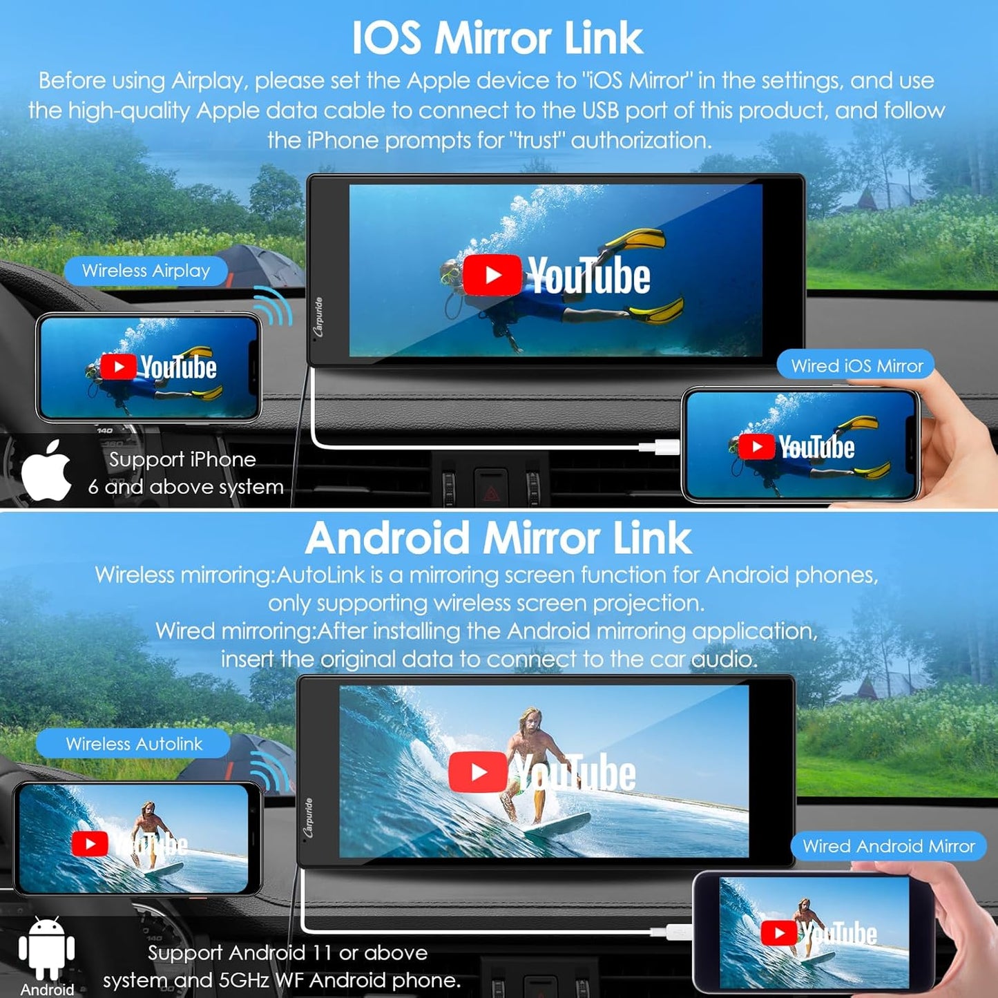 CARPURIDE 10.26 Inch Wireless/Wired Apple CarPlay, Android Auto and Mirror Link - 1600 * 600 IPS Touch Screen Portable Car Stereo, Bluetooth Audio, Siri, Navigation Car Screen for All Vehicles