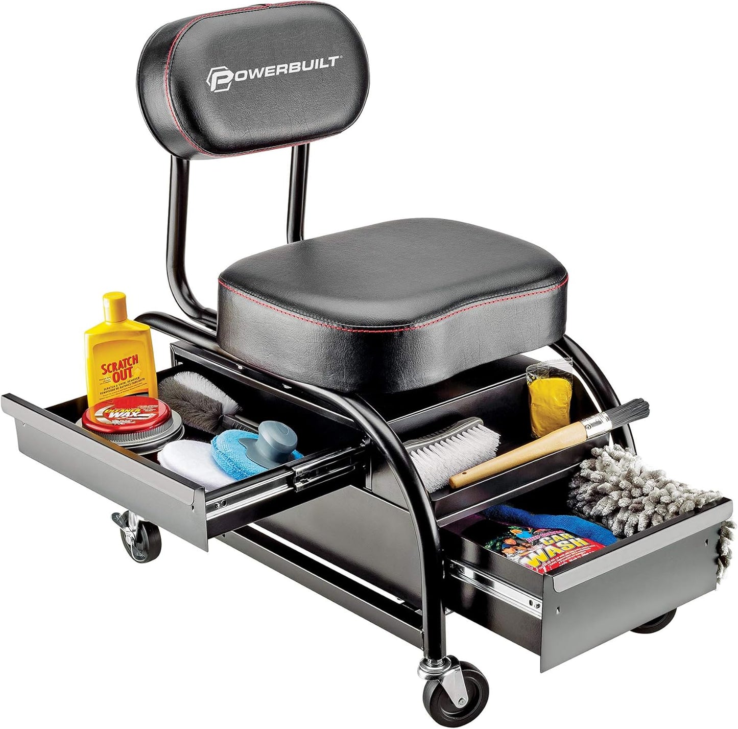 Powerbuilt Professional Car Detailers Mechanics Roller Seat, Heavy Duty Garage Stool with Thick Padded Seat and Backrest, 2 Sliding Storage Drawers, Tool Tray, Can Holders, 3in. Swivel Casters–240299