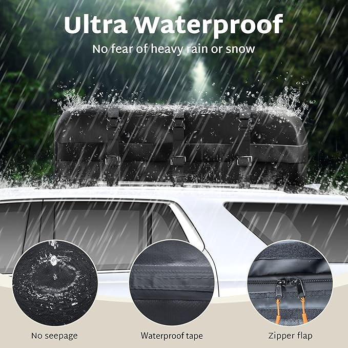 iBirdie Roof Rack Cargo Carrier 25.5 Cubic Feet, XL Soft-Shell Rooftop Cargo Box, Waterproof Heavy Duty 1200D for Car with/Without Roof Rack, Includes Anti-Slip Mat, Door Hooks, 60x37x20 inches