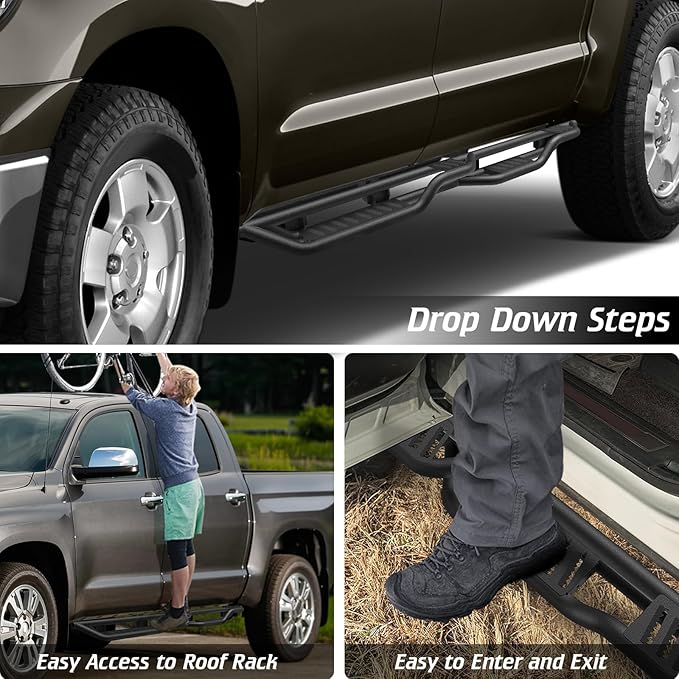 Running Boards Side Steps Compatible with Toyota Tundra 2007-2021 CrewMax Cab, Two Stairs Drop Design Style Side Step Rails, Bed Access Carbon Steel Powder-Coated Black Nerf Bars