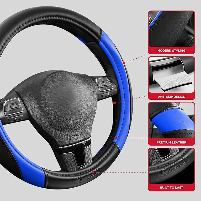 Rubbermaid Steering Wheel Cover – Universal Fit 14.5"–15" Steering Wheel Cover, Anti-Slip Grip, Breathable Leather, All-Season Protection, Interior Upgrade for Cars, Trucks, SUVs - Blue