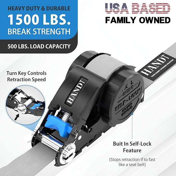 USA Based Retractable Ratchet Straps (2PK) 1in x 16ft - 1,500lb Break Strength, Heavy Duty Automatic Ratchet Straps Self Retractable Tie Down, Push Button Retracting Truck Trailer Cargo | Gray