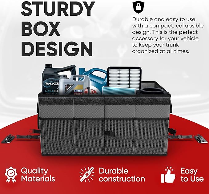 FORTEM Car Trunk Organizer, Collapsible Multi Compartment SUV Organizer, Foldable Storage for Car Accessories for Women Men, 600D Oxford, Non Slip Bottom, Securing Straps, Soft Cover (65L)