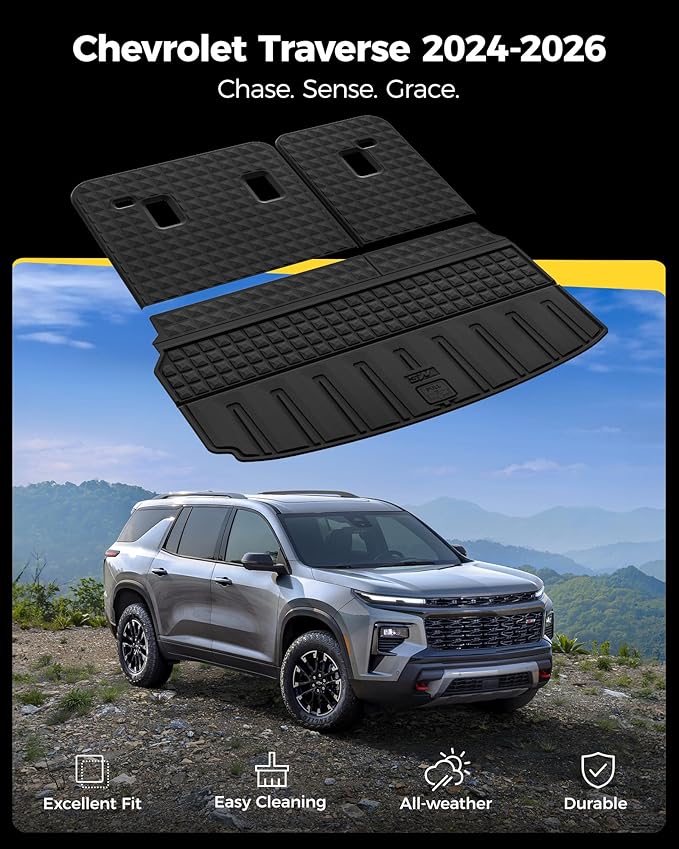 3W Seat Back Mats & Cargo Mat for Chevrolet Chevy Traverse 2024-2026 & GMC Acadia 2024-2026 & Buick Enclave 2025-2026, All Weather TPE Custom Fit Cargo Mat Trunk Liner with Backrest Mat, Black