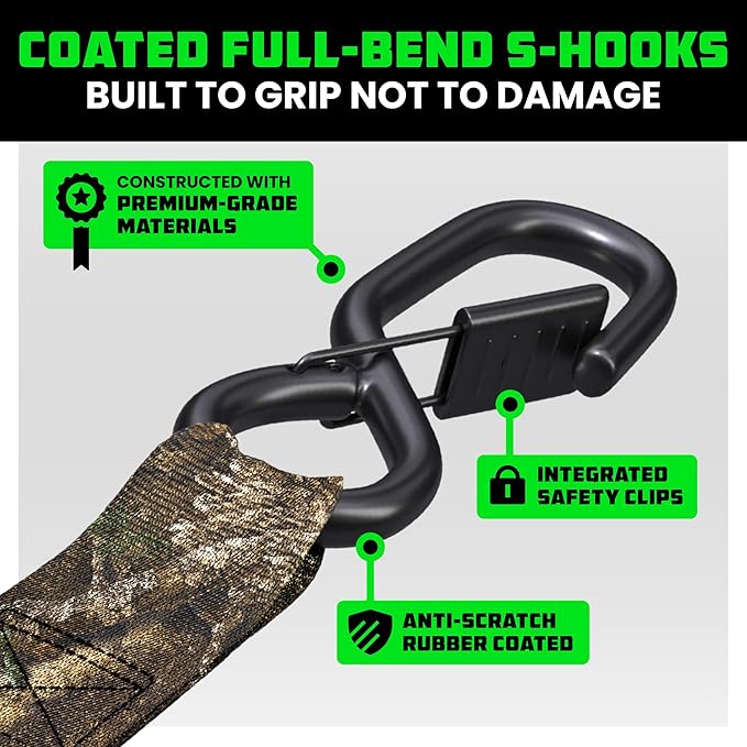 Rhino USA x Realtree Ratchet Straps Tie Downs (4-Pack) - 1 Inch x 15 Feet (1,823lb Break Strength) - Ultimate Tie Down Straps with Safety S Hooks - for Trucks, Cargo, Moving, Appliances - Camo