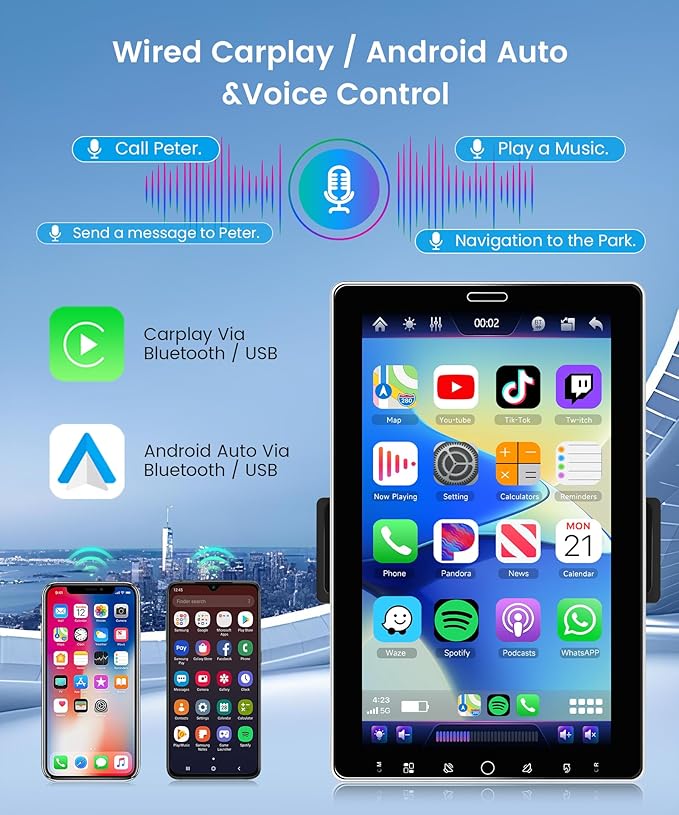 10.1 inch Single Din Car Stereo CarPlay Android Auto Mirror Link, Rimoody RotationalTouch Screen 1280x720 Car Radio with BT 5.2 FM/AM/RDS/EQ USB/AUX/TF/SWC/MIC Car Audio Receiver Backup Camera