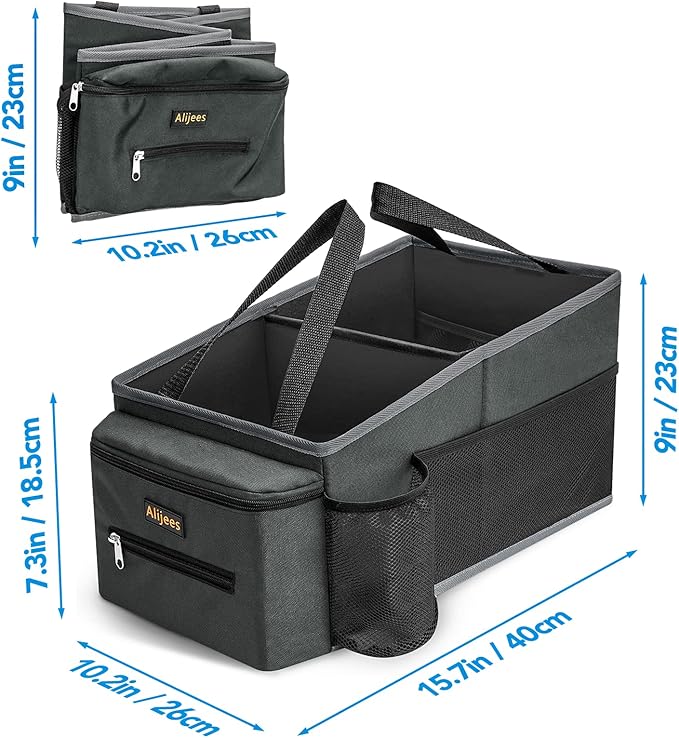 Car Back Seat Organizer - Road Trip Essentials Kids, Automotive Organization Car Accessories for Women Men Interior with Cup Holders, Tissue Box, Mesh Pockets, Grey