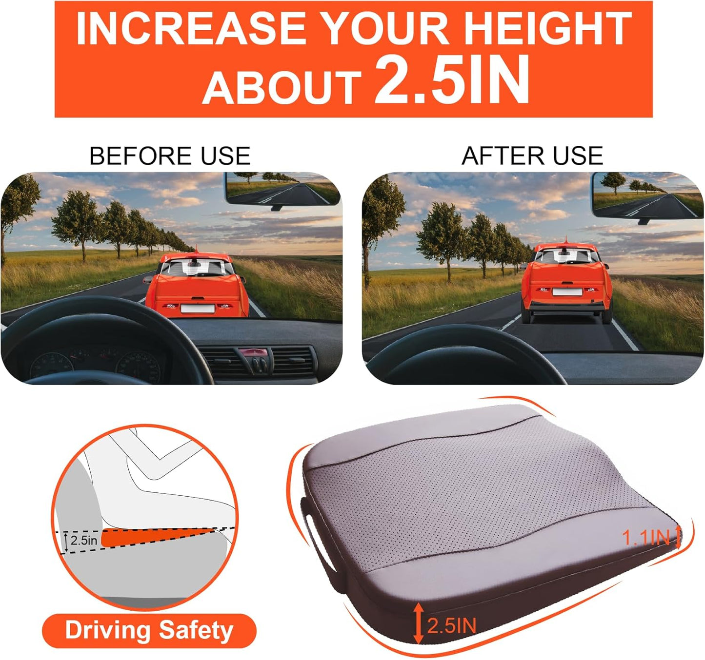 Car Seat Cushion, Comfort Memory Foam Car Cushions for Driving - Sciatica & Lower Back Pain Relief, Driver Seat Pillow for Auto, Office Chair, Wheelchair - Classic Brown