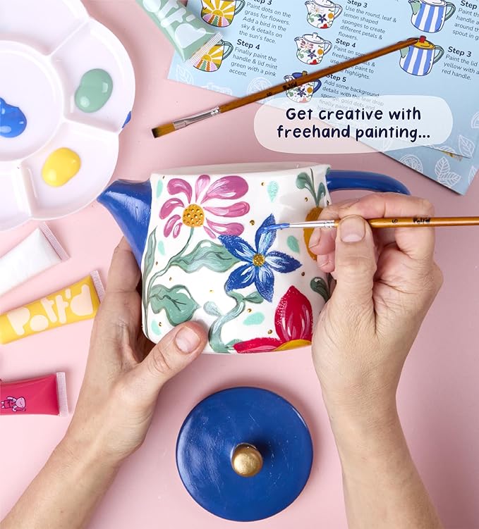 Pott’d Paintables Paint-a-Teapot Kit, DIY Pottery Painting Kit for Adults with Teapot, Paints, Brushes, Sponges, Palette and Guide, Craft Kit for Beginners, Ideal for Tea Lovers and Handmade Gifts