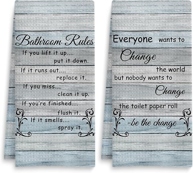 Funny Bathroom Rules Decorative Hand Towels Set of 2, Rustic Farmhouse Hand Towels for Bathroom Decor, 16x24 Inch(Classic Style)