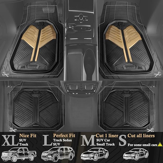 CAR PASS Heavy Duty Rubber Car Mats, Deep Dish Car Floor Mats All Weather, Car Mats Full Set 4-Piece Trim to Fit for Sedans SUVs Trucks, Waterproof Anti-Slip Automotive Mats, V12 Black Champagne Gold