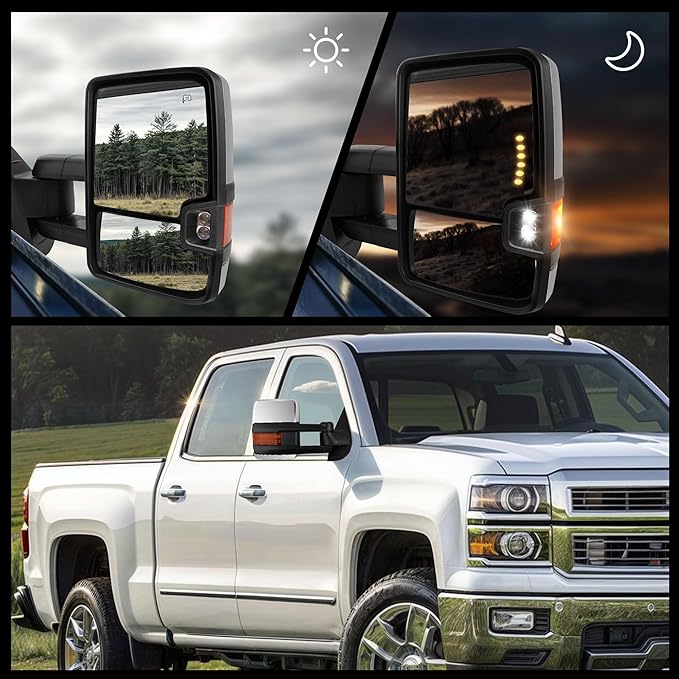 DWVO Towing Mirrors Compatible with 2008-2013 Chevy Silverado GMC Sierra All Models, Silverado 2007 Sierra New Body Style, Power Heated LED Arrow Signal Light Reverse Lights