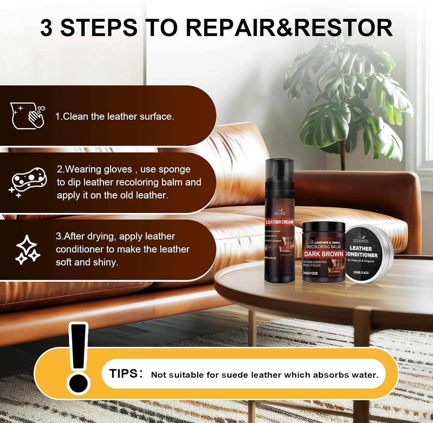 Leather Recoloring Balm Set,Leather Cleaner Restore Conditioner Mink Oil for Leather Repair Kit for Furniture Couches -Revives Repairs Scratches Leather Dye Furniture Polish (Black)