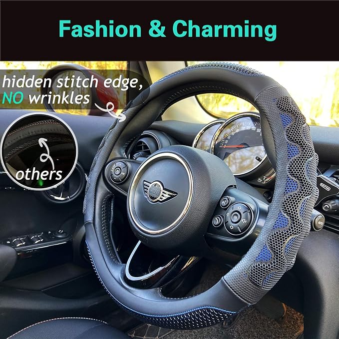 PINCTROT Steering Wheel Cover Great Grip with 3D Honeycomb Anti-Slip Design, Universal 14.5-15 Inch (Blue)