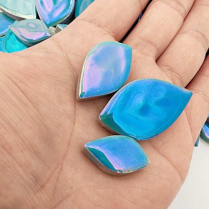 1.1LB Random Iridescent Leaves Ceramics Mosaic Tiles, Making Creative 3 Size Ceramic Mosaic Pieces for DIY Craft,Flowerpots, Vases, Cups, Garden Decor Mosaic Making Supplies (Sky Blue)
