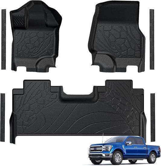 Floor Mats for Ford F-150 2015-2025 | F150 Lightning 2022-2025 SuperCrew (Rear w/Fold Flat Storage) Carpet Floor All Weather TPE Car Liners Truck Front and 2nd Row Door Guards Accessories