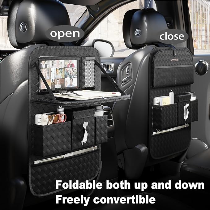 GMQ Back Seat Car Organizer 1 Pack,Backseat Organizer with Tray,Multifunctional Car Seat Back Storage Box with Foldable Tablet Holder (Black, Weave)
