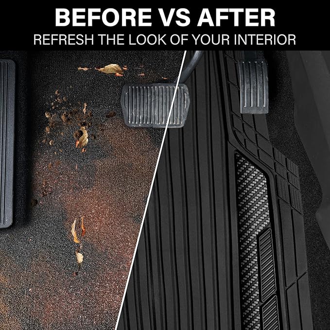 CAR PASS Heavy Duty Rubber Car Mats Metallic,Aluminum Film All Weather Floor Mats Waterproof Universal Trim to Fit SUVs Sedans Vans 4 Piece Anodized Deep Dish Two-Tone Sporty Carbon Fiber Black Chrome