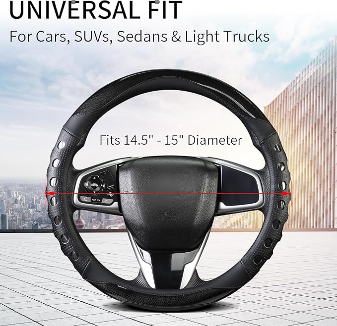 Leather Car Steering Wheel Cover with Anti-Slip Grip, for Women and Men, Universal Fit for 14.5-15 Inch Cars, Trucks, SUVs (Black (Round), Medium(Standard) Size[14 1/2''-15''])