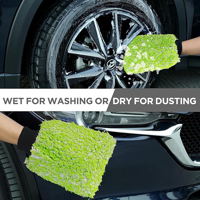 TAKAVU New Car Wash Mitt, 2 Pack Premium Cyclone Microfiber Washing Gloves, Holds Tons of Sudsy Water for Effective Washing, Machine Washable, Lint Free, Scratch Free (Green & White)