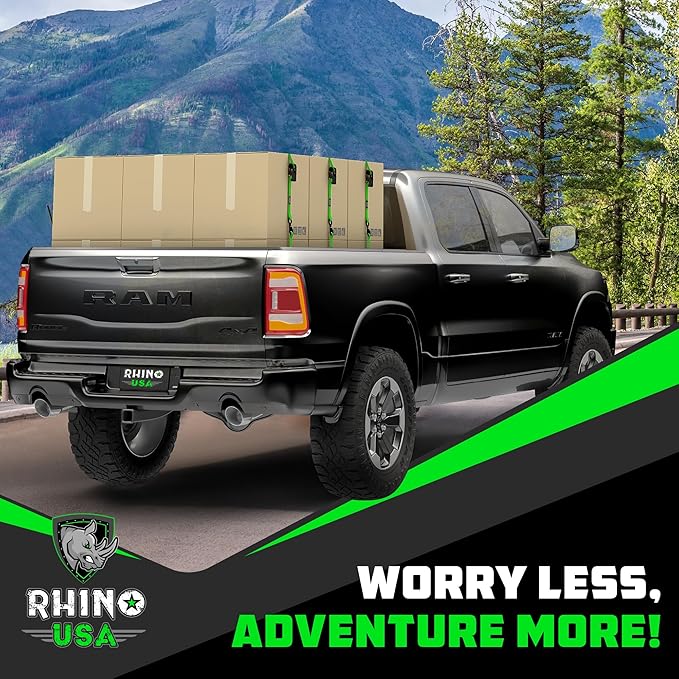 Rhino USA Ratchet Straps Tie Downs (4-Pack) - 1 Inch x 15 Feet (1,823lb Break Strength) - Ultimate Tie Down Straps with Safety S Hooks - for Trucks, Cargo, Moving, Appliances - Green