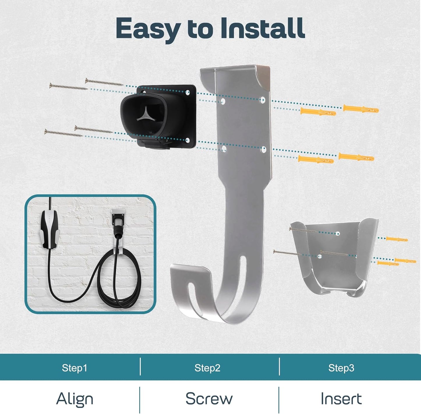 Tesla Charger Holder Wall Mount Kit, Sliver Mobile Connector Charging Cable Cord for Tesla Model for Indoor Outdoor Garage, Wall Mount Cable Organizer Bracket with UMC Holder