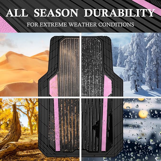 CAR PASS Heavy Duty Rubber Car Mats Metallic, Aluminum Film Cute All Weather Floor Mats Waterproof Universal Trim to Fit for SUV Sedan Van 4 Piece Deep Dish Two-Tone Sporty Black Light Pink Chrome