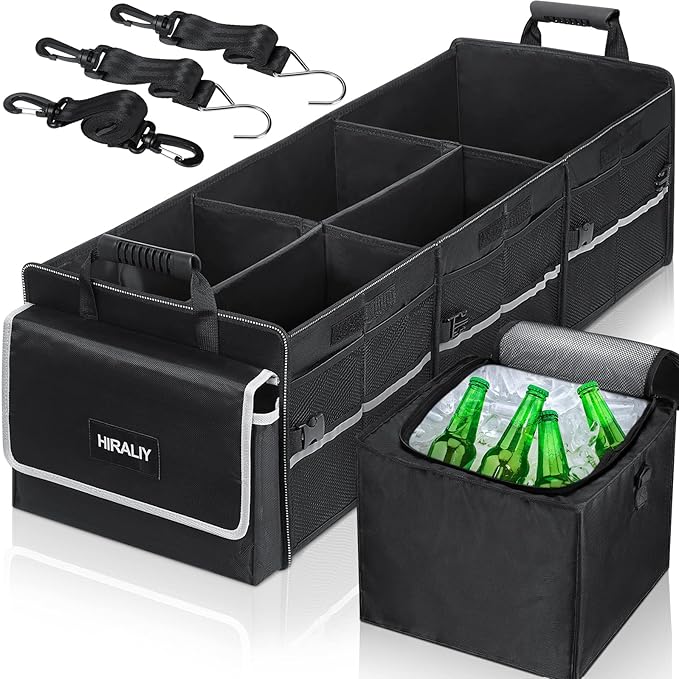 HIRALIY 4 in 1 Car Trunk Storage Organizer, Multi Compartment Foldable Trunk Storage Box with Leakproof Insulated Bag for Car Truck SUV