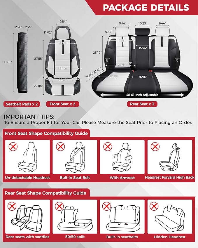 FREESOO Black White Car Seat Covers Full Set - Faux Nappa Leather Seat Covers for Cars, with Front Seatbelt Pads, Cute Breathable Cushion Protectors Fit for Most 5 Seats Sedans SUV Hatchbacks Trucks