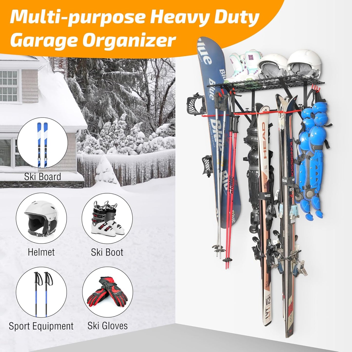 PLKOW Wall-Mounted Ski Rack, Skis Storage Rack for Garage Shed with Top Storage Shelf, Customizable Spacing, Supports Up to 280 lbs, Steel