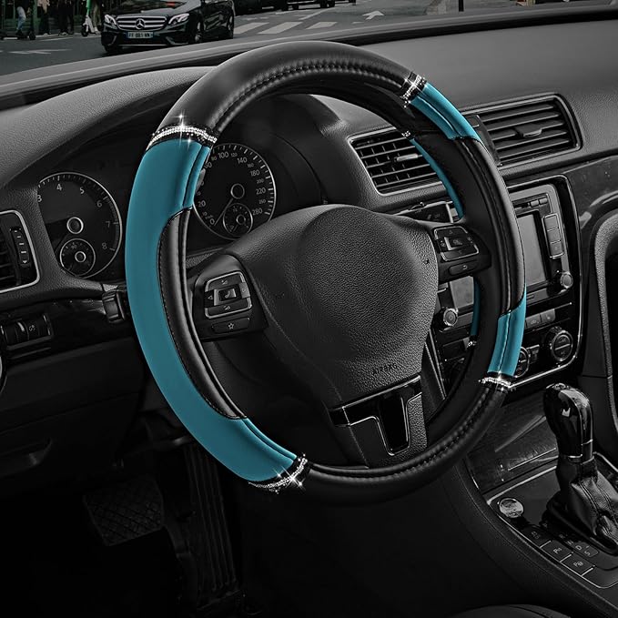 Road Comforts Leather Steering Wheel Cover - Made with PVC Leather - Anti-Slip, Universal Fit 14 1/2 inches to 15 inches - Dark Blue