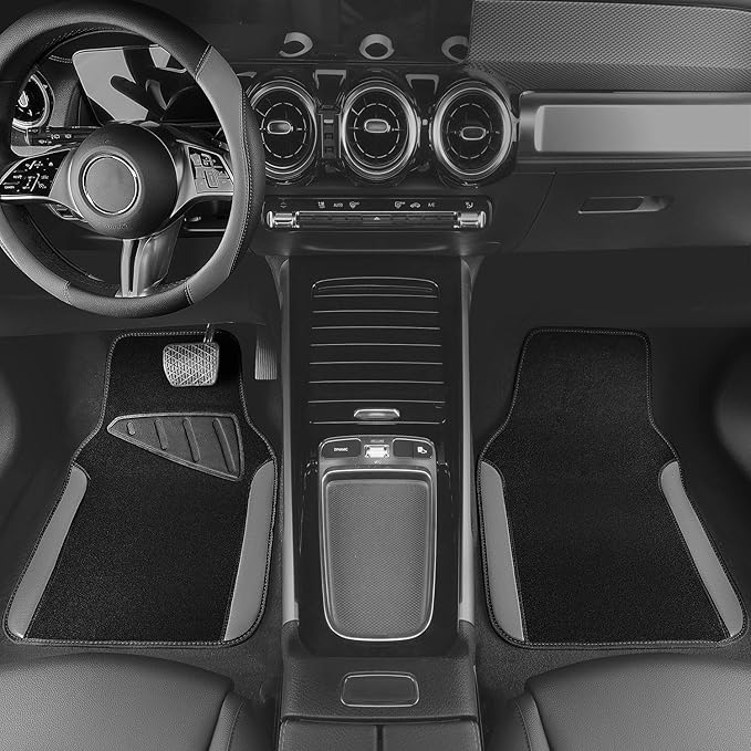 CAR PASS Faux Leather Steering Wheel Cover and Waterproof Car Floor Mats,Universal Car Combo Fit for 95% Sedan,SUV,Cars,14.5-15inch Sporty Anti-Slip Safety Comfortable Design(Black＆Gray)