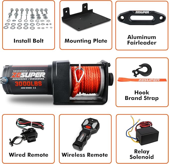 ZESUPER 3000 lb Electric Winch for ATV UTV Trailer Boat Synthetic Rope Winch 12V DC Off Road Towing Winches with Wireless Remote Mounting Bracket