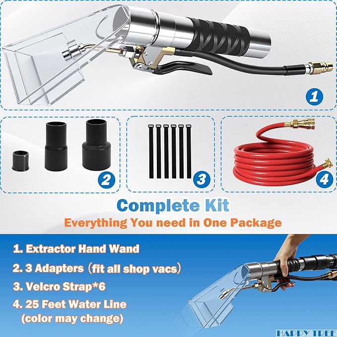 Happy Tree Universal Fit All Brands' Shop Vac Extractor Hose Kit Adapter Wet-dry Extraction Accessory for Upholstery & Carpet Cleaning Auto Detailing Wet Vaccum Accessories with 25 Feet Water Hose