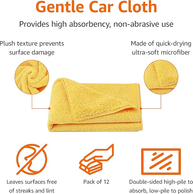 Amazon Basics Microfiber Car Drying Towels (12-Pack), Lint Free, Scratch Free, Highly Absorbent Drying Towel for Cars, 16" x 16", Yellow