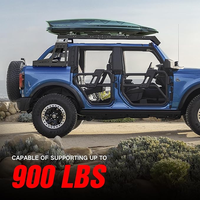 for Bronco Top Roof Rack Cargo Basket with LED Lights & Rear Window Panel Compatible with 2021-2025 Ford Bronco 4-Door Soft Top - Requires Hardtop Removal - Cargo Carrier Rooftop Luggage Holder