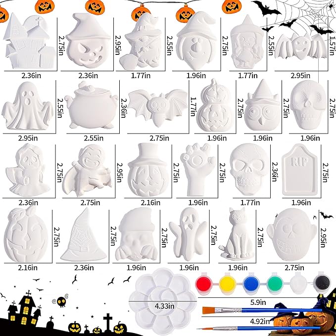 xFFFun DIY Halloween Painting Kit, 24 Set Ceramics to Paint with Unpainted Pumpkin Ghost Bat Ready to Paint Ceramics for Classroom Activity Halloween Gifts Party Decor