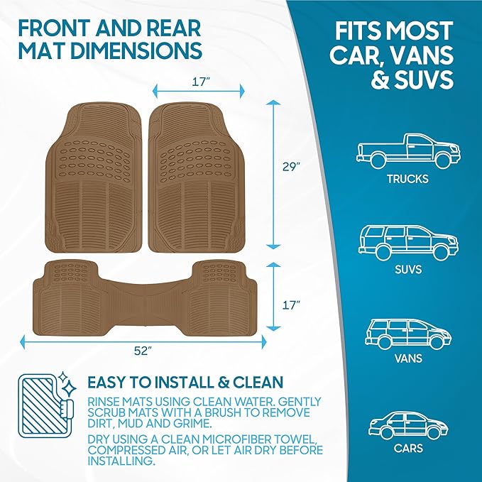 BDK ProLiner Floor Mats for Cars Trucks SUV, 3-Piece All-Weather Car Mats with Universal Fit Design, Durable Car Floor Mats with Capture Ridges, Waterproof Rubber Floor Mats for Cars (Beige)