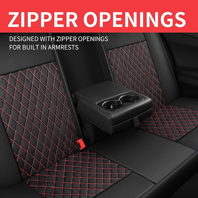 Leather Car Seat Covers,Breathable and Waterproof Seat Cover Full Set,PU Premium Universal Fit Automotive Airbag Compatible for Cars Sedans SUVs Vans and Trucks(Full Seat,Black+Redline,N1)