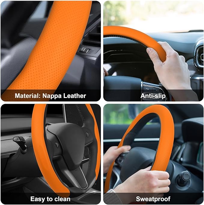 frani Leather Steering Wheel Cover, Universal 15 Inch Premium Non-Slip Steering Wheel Cover Orange