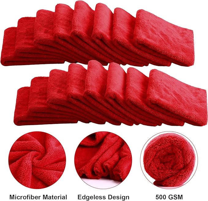 Shimeyao 30 Pcs Edgeless Microfiber Plush Towels for Cars Detailing Drying Wash Polishing Absorbent Cleaning Cloths, 500 GSM, 16 x 16 Inch(16 x 16 Inch,Red,30 Pcs)