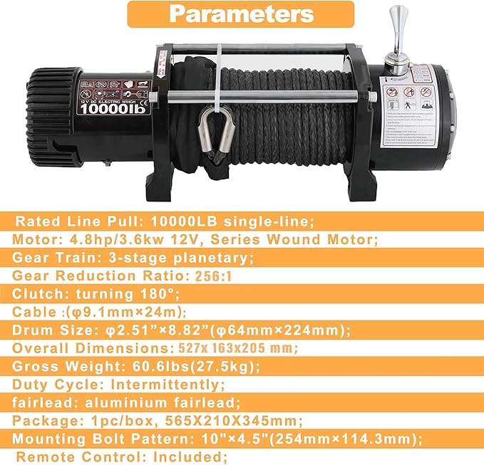 12V 10000LBS Electric Winch Synthetic Rope Electric Winch for Towing ATV/UTV Off Road with Mounting Bracket Wireless Remote,Black