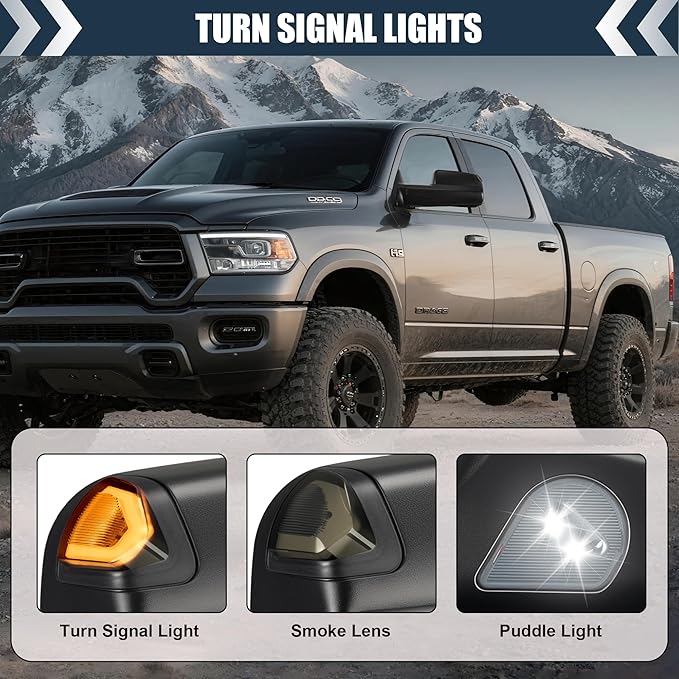 Tow Mirrors Compatible with 2009-2018 Dodge Ram 1500, 2010-2018 2500 3500, Flip Up Extended Trailer Towing Side Mirrors w/Smoked Turn Signal, Power Heated, Black