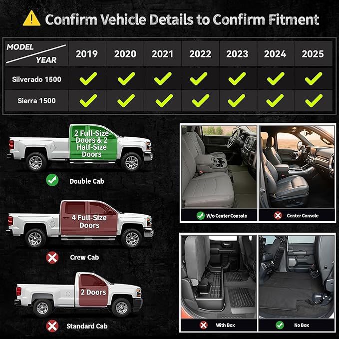 OEDRO Floor Mats Fit for 2019-2025 Chevrolet Silverado 1500/Sierra1500 Double Cab with 1st Bench Seats, NO Rear Underseat Storage Box, Custom Fit 2 Row Floor Liner Set