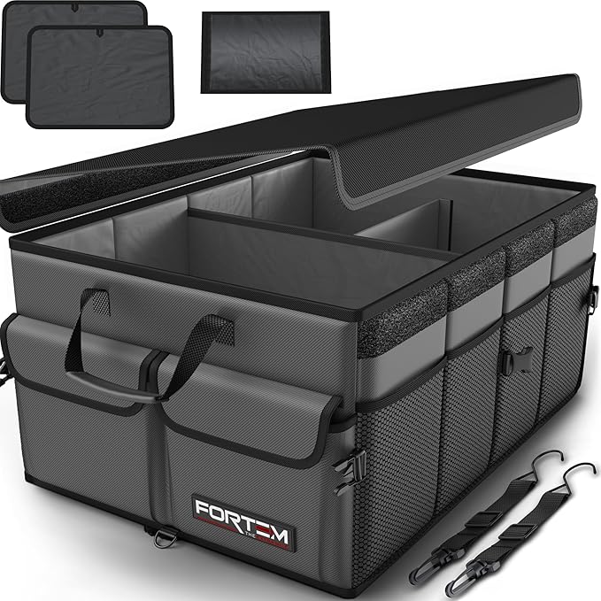 FORTEM Car Trunk Organizer, Collapsible Multi Compartment SUV Organizer, Foldable Storage for Car Accessories for Women Men, 600D Oxford, Non Slip Bottom, Securing Straps, Soft Cover (50L)