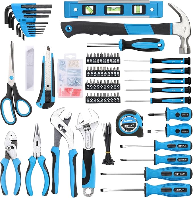 FASTPRO 220-Piece Home Tool Set, Household Repairing Tool Kit with 12-Inch Wide Mouth Open Storage Tool Bag, Blue