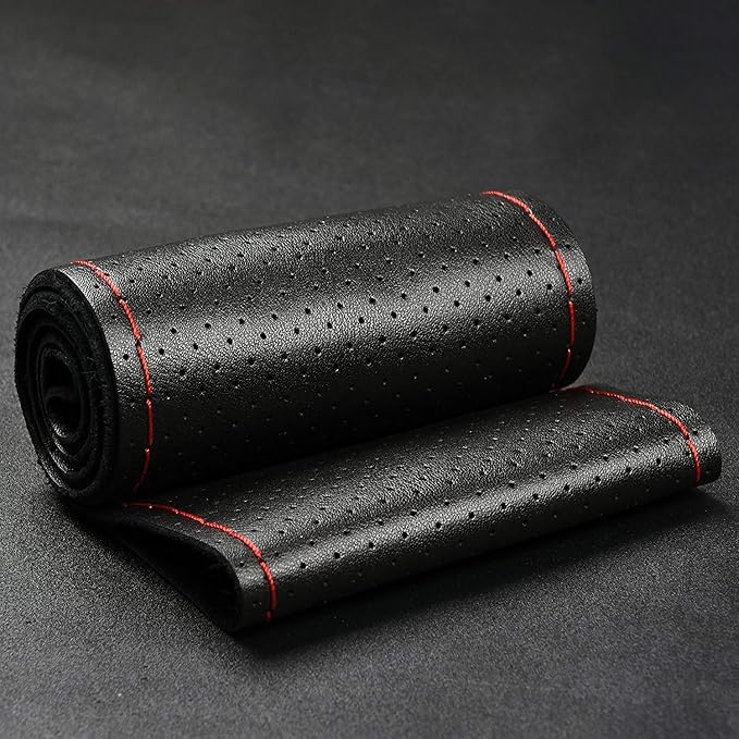 Universal Car Steering Wheel Cover with Top Genuine Leather, Anti-Slip Design and Soft Padding, Stitching Style (Black Leather with red Thread)