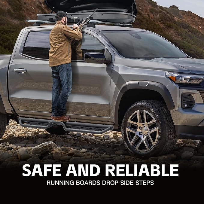 Running Boards Side Steps Compatible for 2015-2025 Chevy Colorado & GMC Canyon Crew Cab (4 Full Size Doors), Two Stairs Design Bolt-on Side Rails Step Nerf Bar (Black Powder Coated-Star Logo)