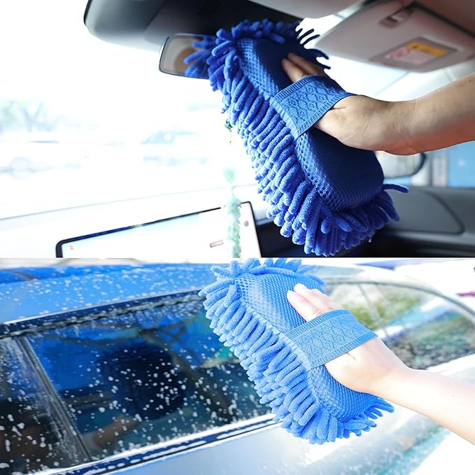 Microfiber Car Wash Sponge-Non-Scratch Wash Mitt-Two Sided Chenille Microfiber Washing Sponge-Mitt for Cars, Trucks, SUVs, Boats(2 Pack Blue)